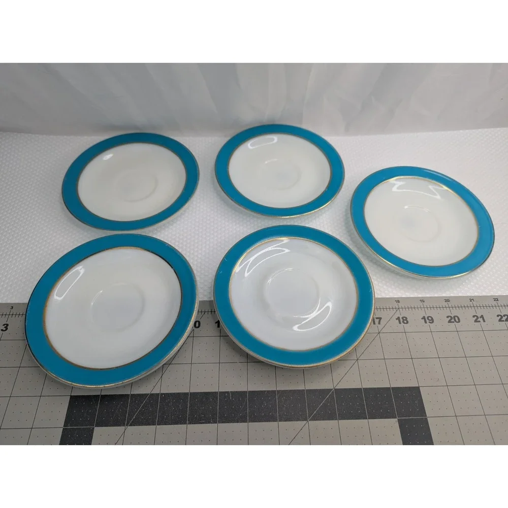 Pyrex Teal Blue Gold Stripe Plate Saucer 6.25 Inch Lot‎ of 5
